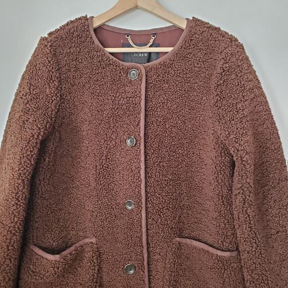 J Crew Collarless Teddy Sherpa Coat Dark Walnut Brown Lined AT699 Size Medium - Picture 3 of 8